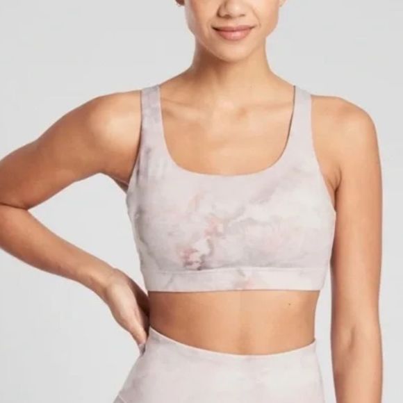 Athleta Exhale Sports Bra in Pink and Grey Watercolor Pattern - Picture 2 of 5